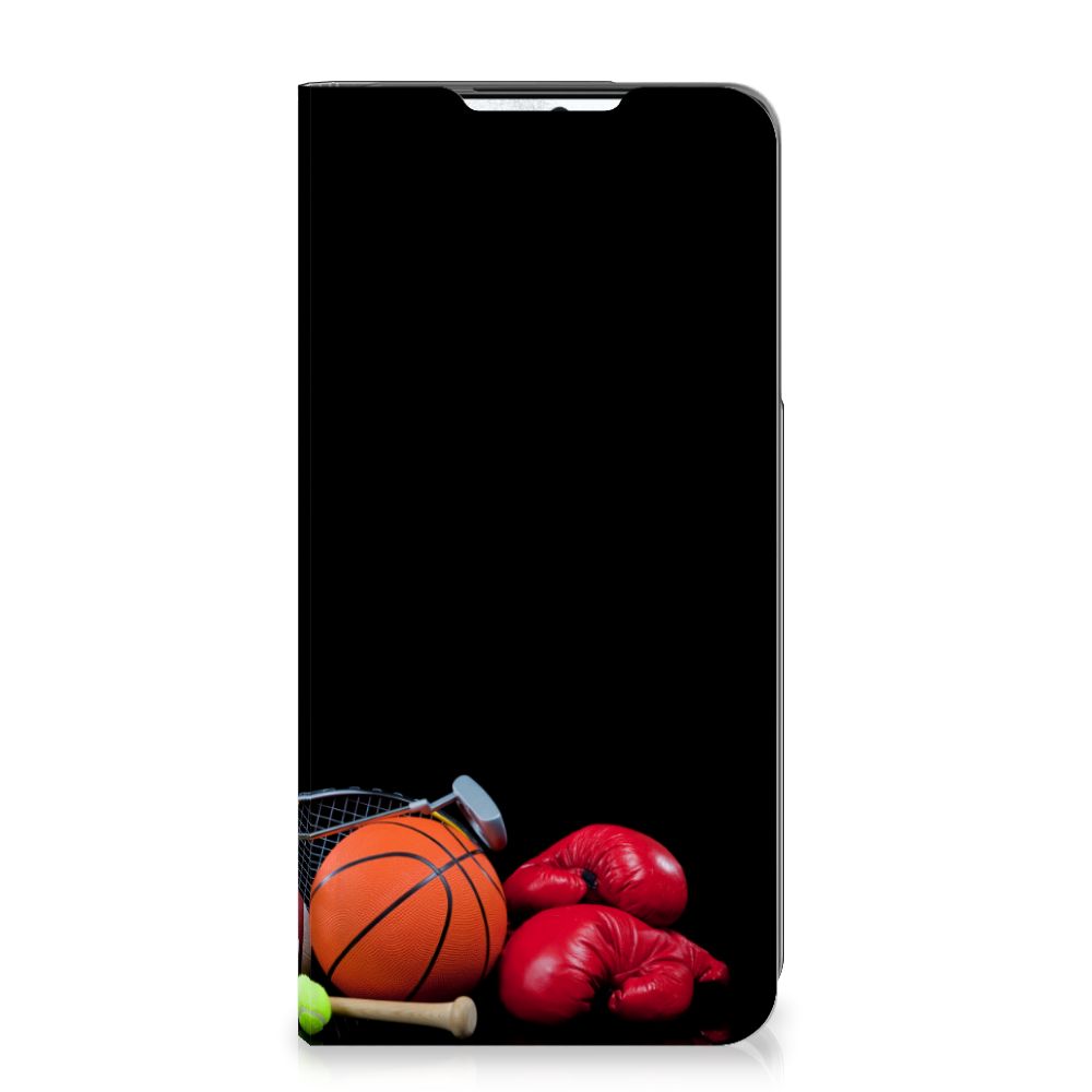 Samsung Galaxy S21 FE Hippe Standcase Sports design with sports equipment graphics like basketball and boxing gloves.