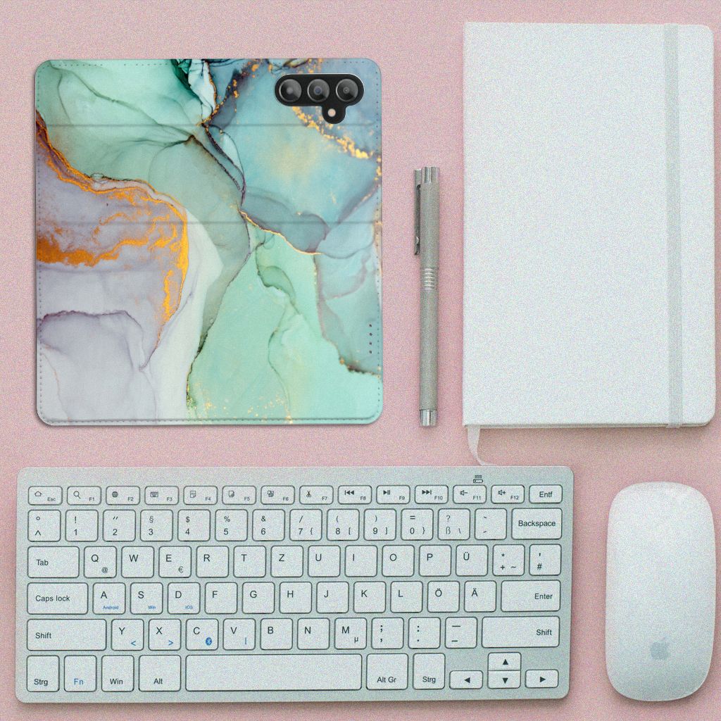 Bookcase voor Samsung Galaxy A14 4G Watercolor Mix op een bureau met toetsenbord en notitieboek