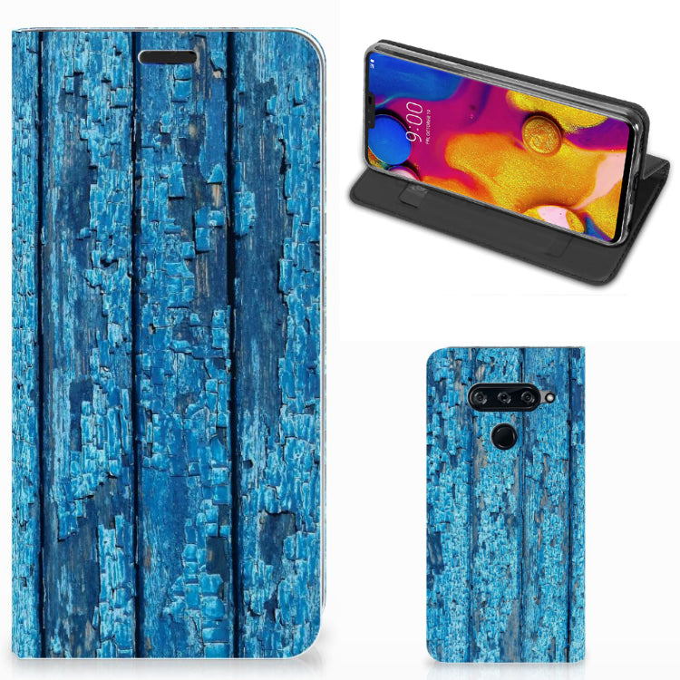 LG V40 Thinq Book Wallet Case Wood Blue