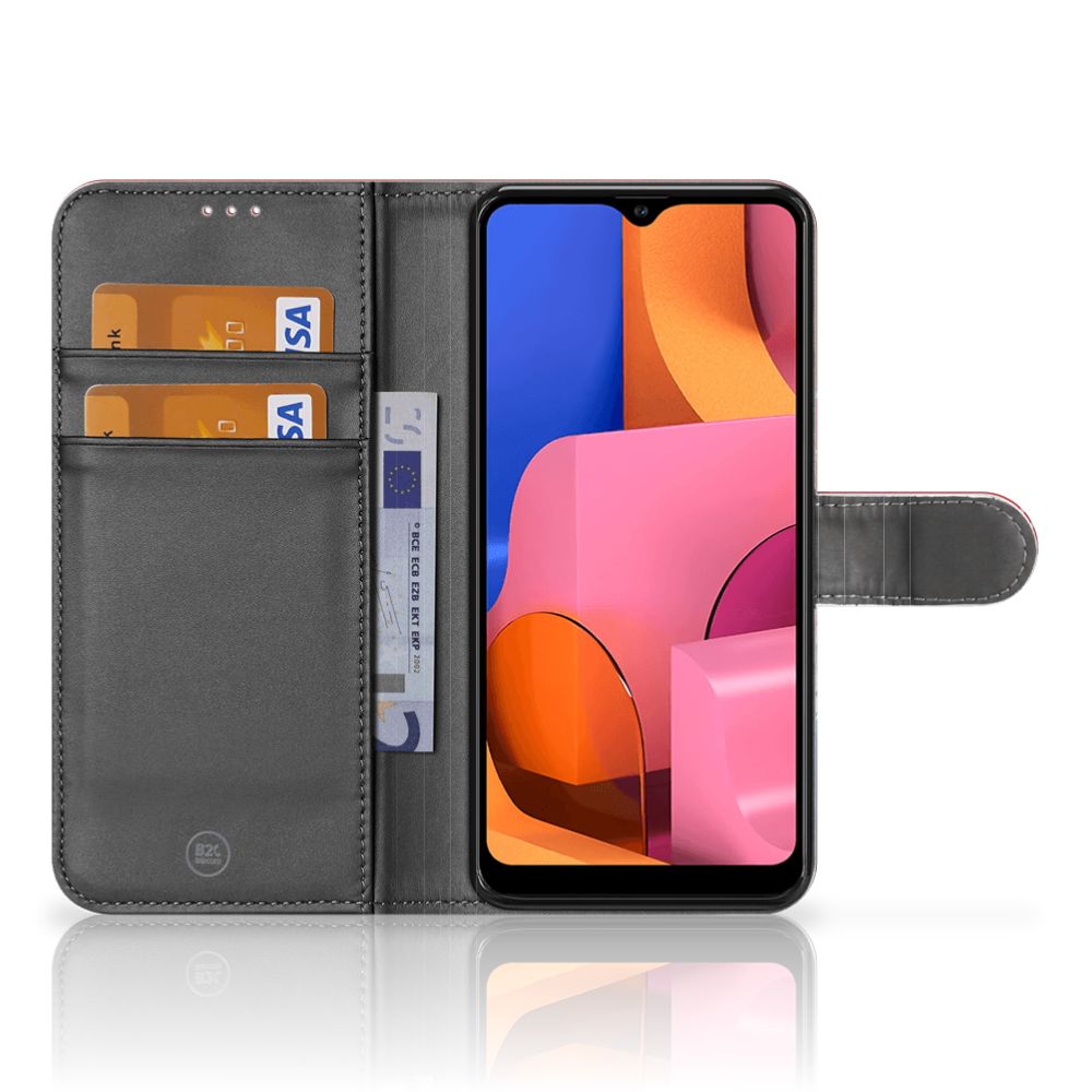 Samsung Galaxy A20s Bookstyle Case Nederland met pasjes en welkomstscherm in zwart met kleurrijke achtergrond