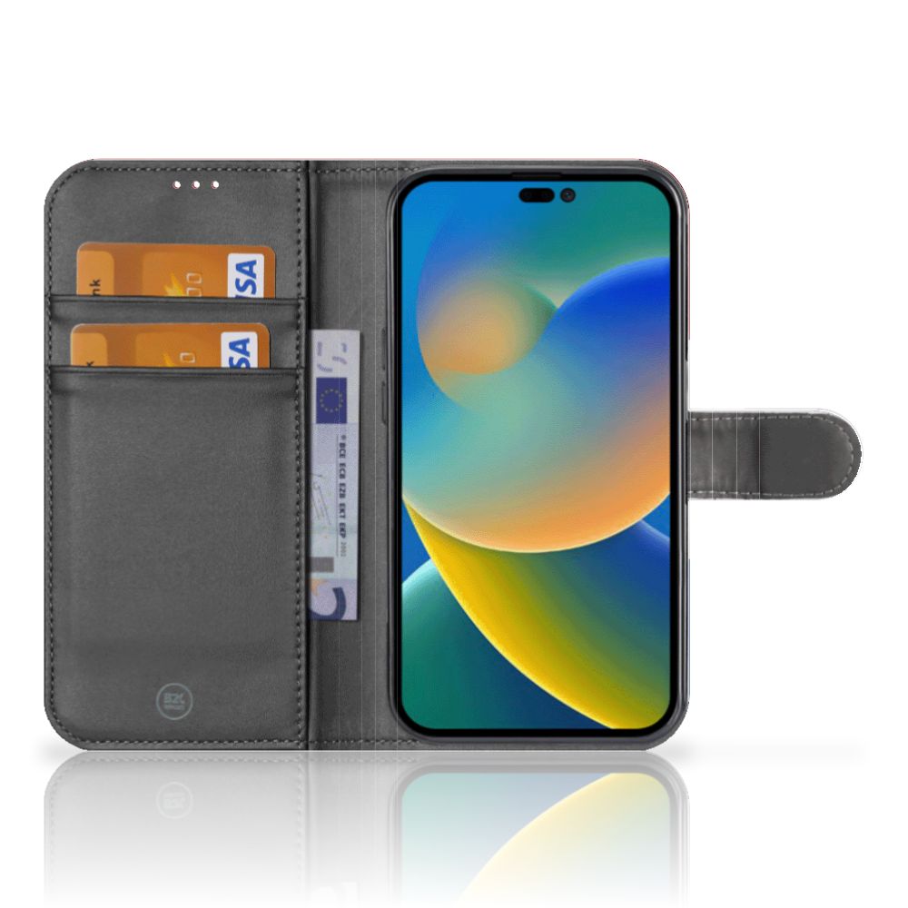 iPhone 14 Pro Max Bookstyle Case Nederlandse Vlag met pasjes en scherm zichtbaar.