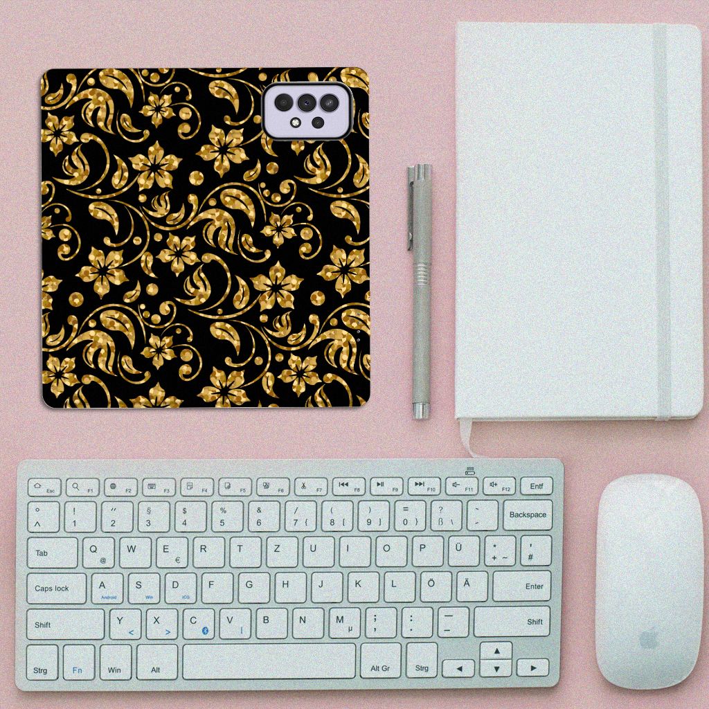 Samsung Galaxy A33 5G Smart Cover Gouden Bloemen ontwerp gouden bloemen zwart aanzicht