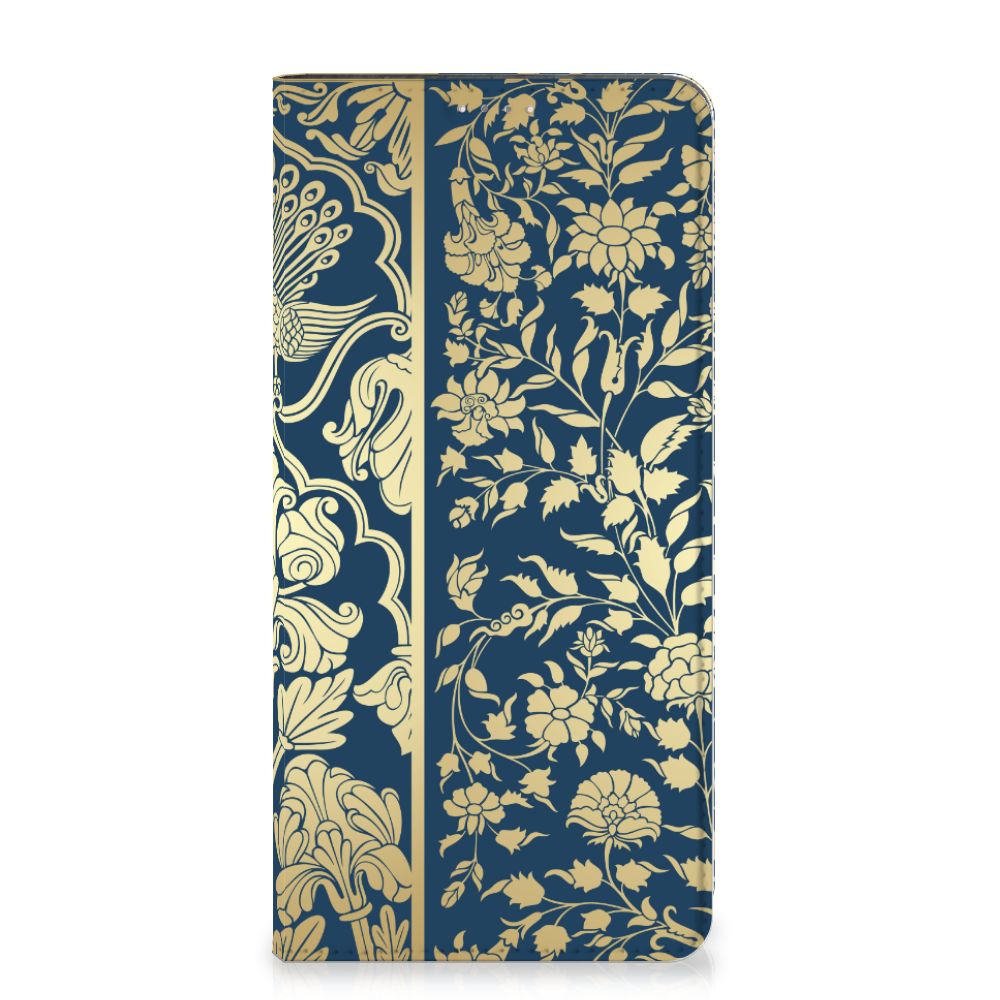 Samsung Galaxy A14 5G Smart Cover Beige Flowers with elegant beige floral design on dark blue background.