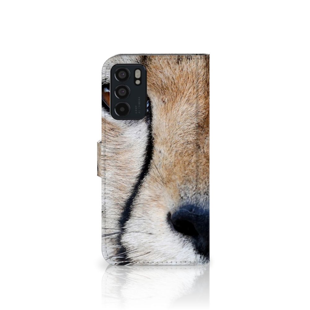 OPPO Reno6 5G Telefoonhoesje met Pasjes Cheetah met close-up van een cheeta.