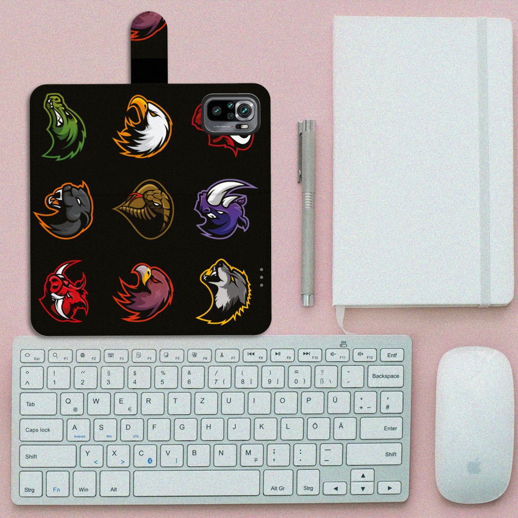 Xiaomi Redmi Note 10S | 10 4G | Poco M5s Leuk Hoesje Cartoon met verschillende cartoon dierenkoppen op zwarte achtergrond.