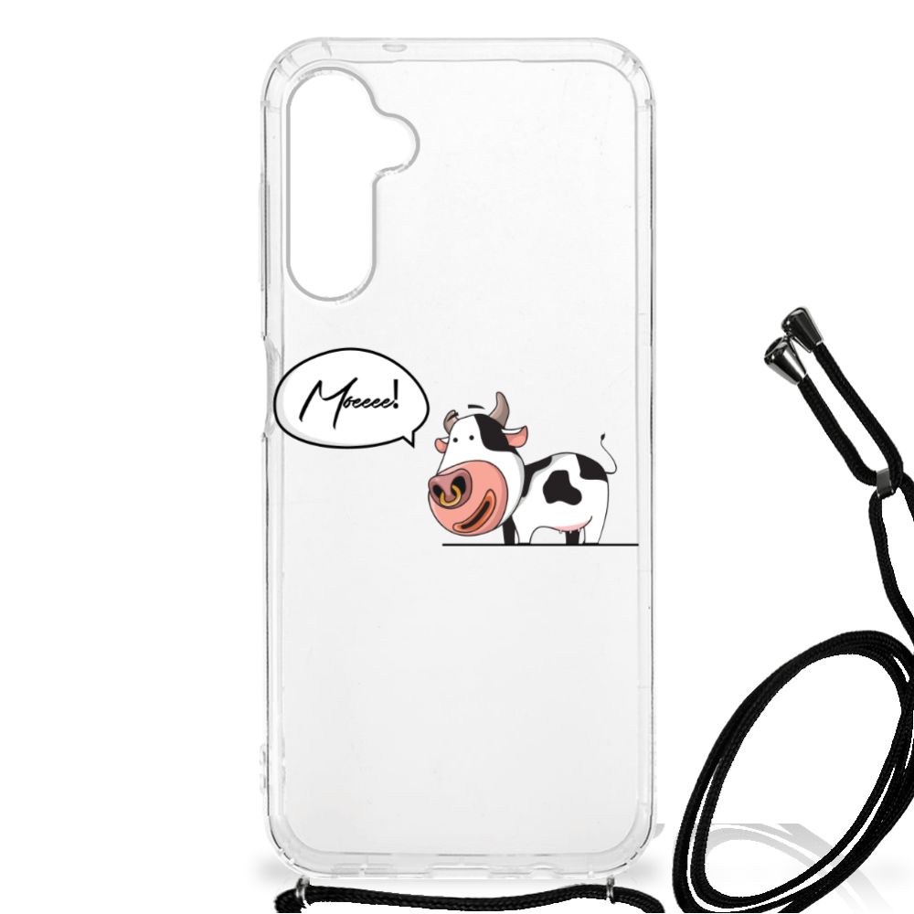 Samsung Galaxy A14 5G Stevig Bumper Hoesje Cow met uniek koeienontwerp en tekst 'Moe!'.