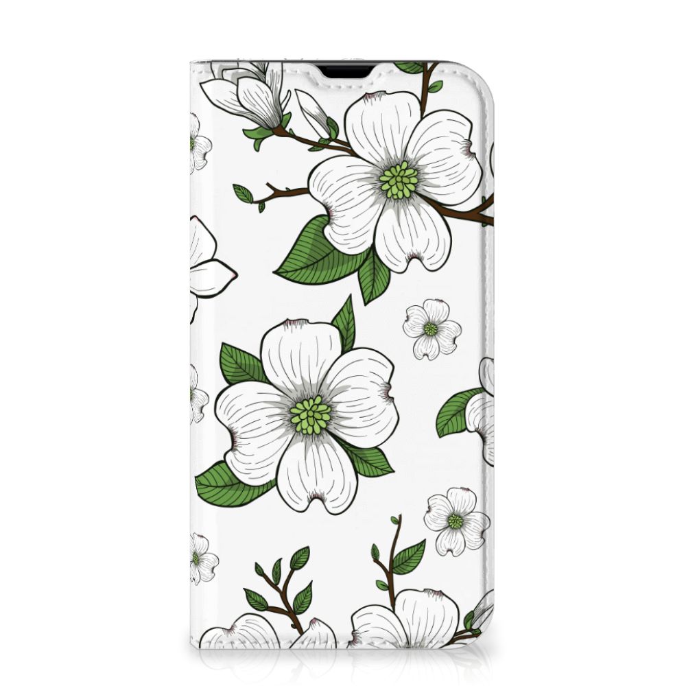 iPhone 13 Pro Smart Cover Dogwood Flowers design met mooie bloesems op een witte achtergrond.