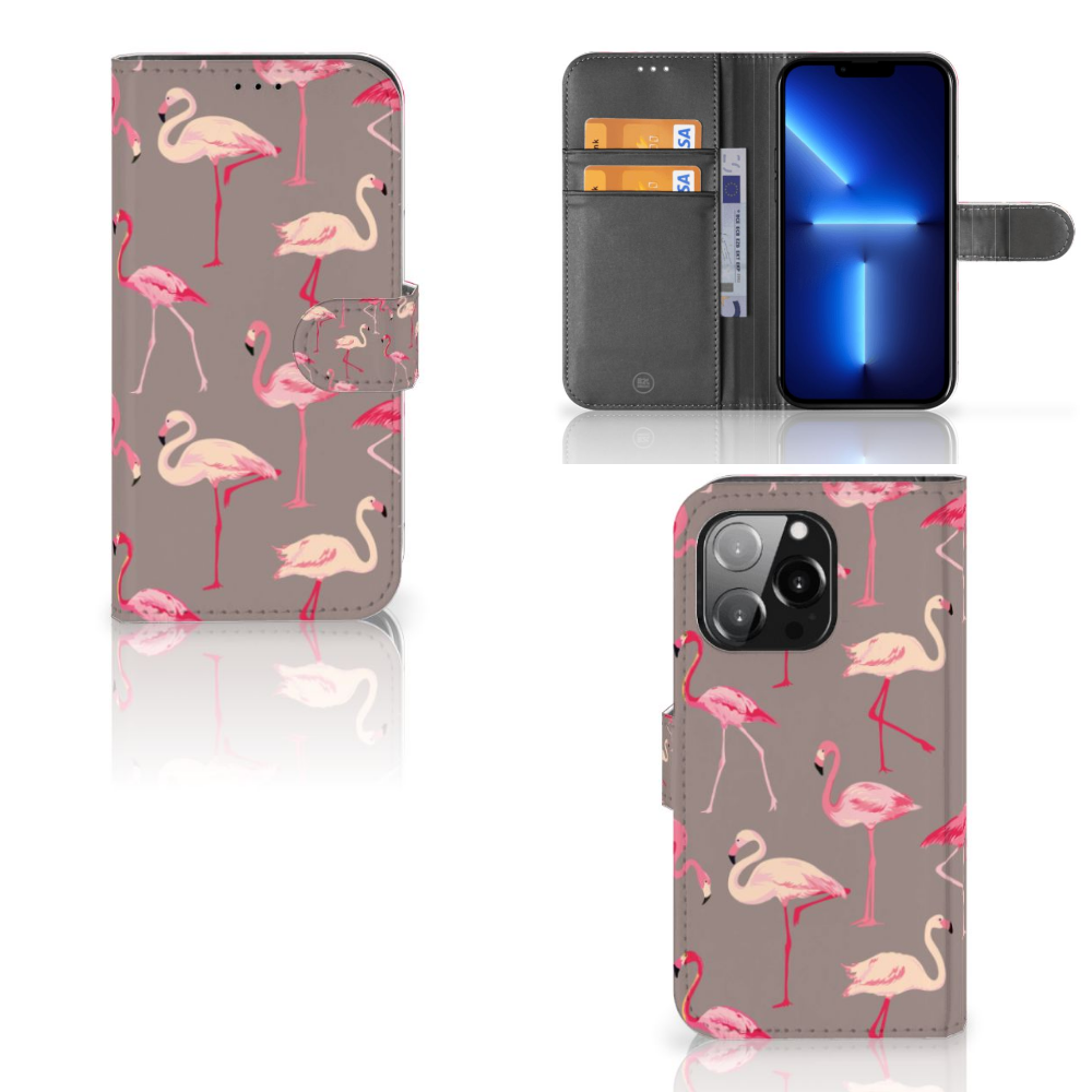 iPhone 13 Pro Telefoonhoesje met Pasjes Flamingo met kleurrijke flamingo's op een grijze achtergrond.