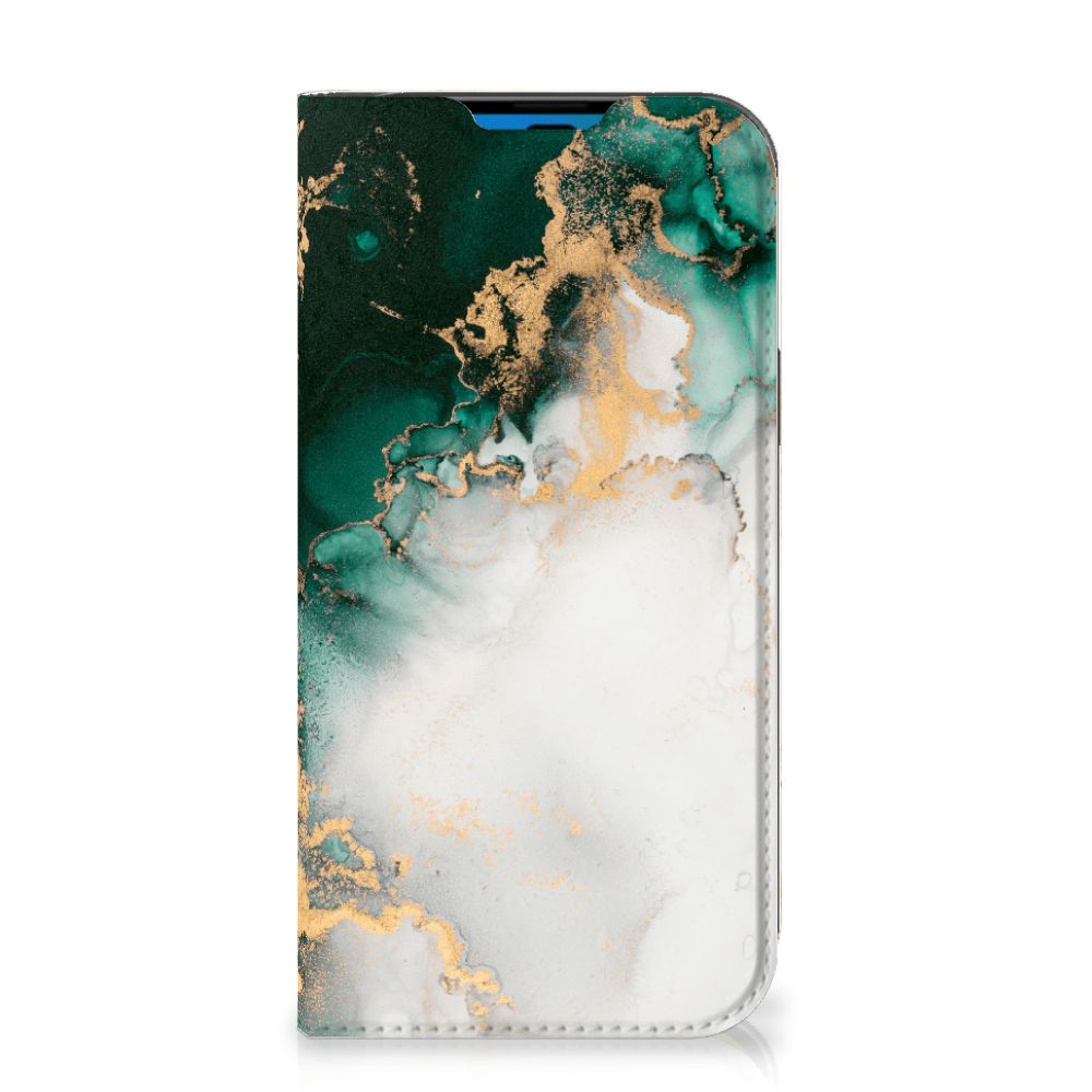 Standcase voor iPhone 14 Pro Marmer Groen met een elegant marmerdesign en gouden accenten.