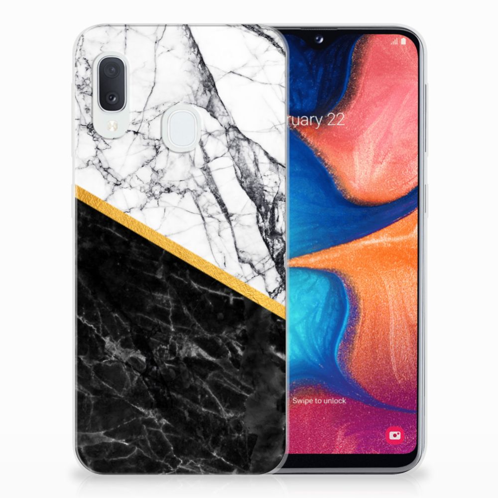 Samsung Galaxy A20e TPU Siliconen Hoesje Marmer Wit Zwart - Origineel Cadeau Man