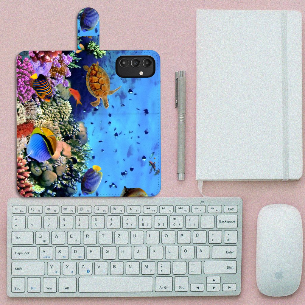 Samsung Galaxy A14 5G Telefoonhoesje met Pasjes Vissen met tropische vissen en schildpad op een bureau