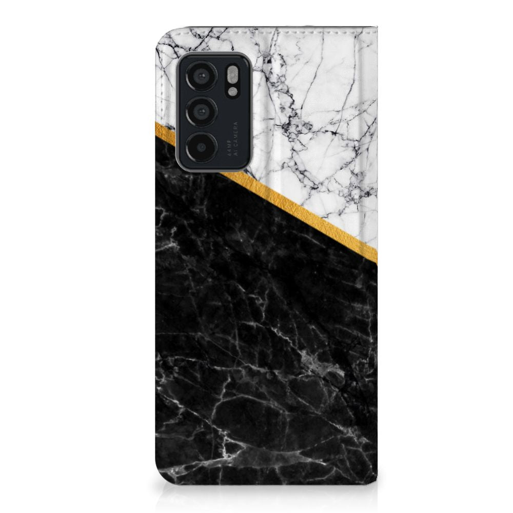 OPPO Reno6 5G Standcase Marmer Wit Zwart - Origineel Cadeau Man - B2C Telecom