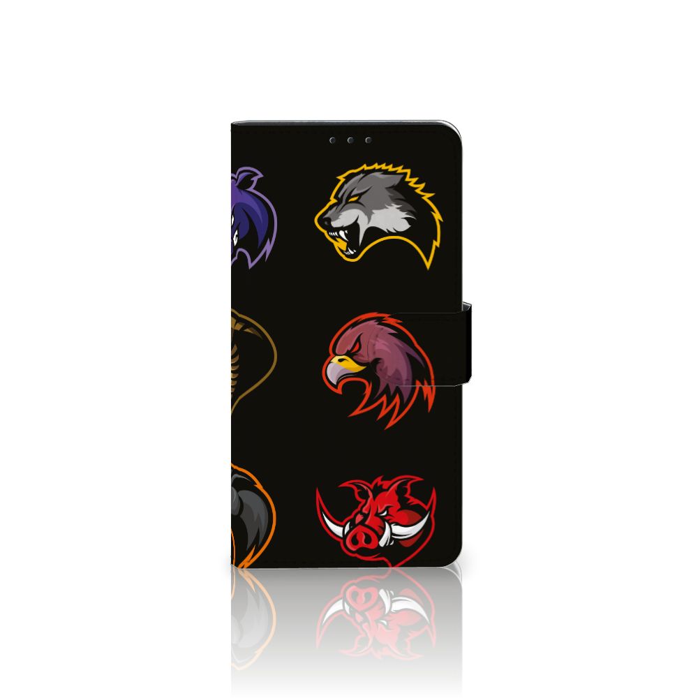 Xiaomi Mi Note 10 Pro Leuk Hoesje Cartoon met diverse kleurrijke dierenkoppen op een zwarte achtergrond.