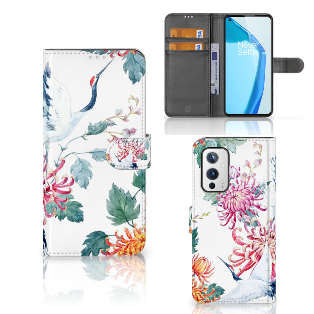 OnePlus 9 Telefoonhoesje met Pasjes Bird Flowers