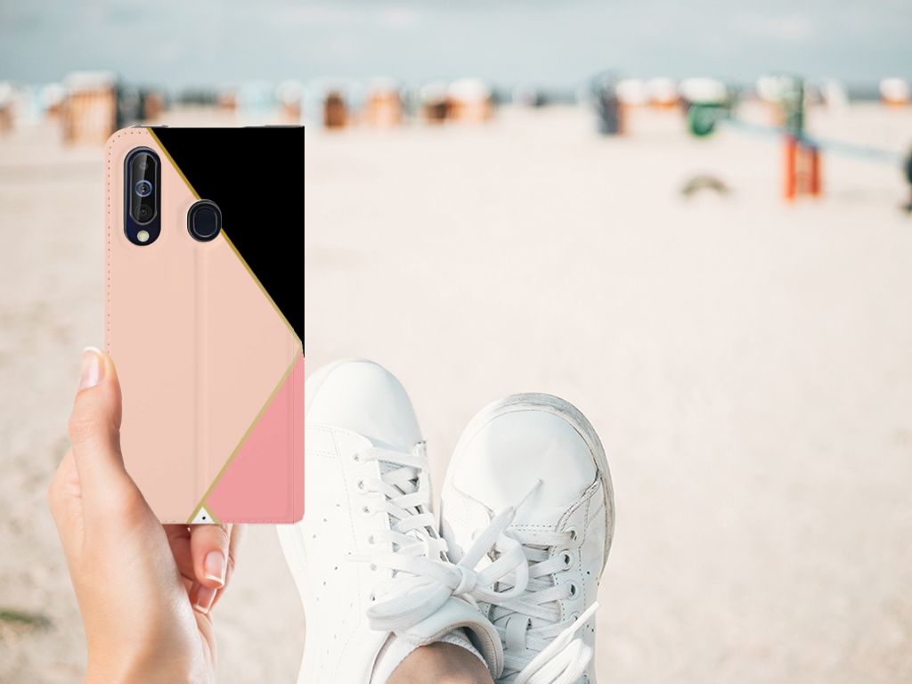 Samsung Galaxy A60 Stand Case Zwart Roze Vormen
