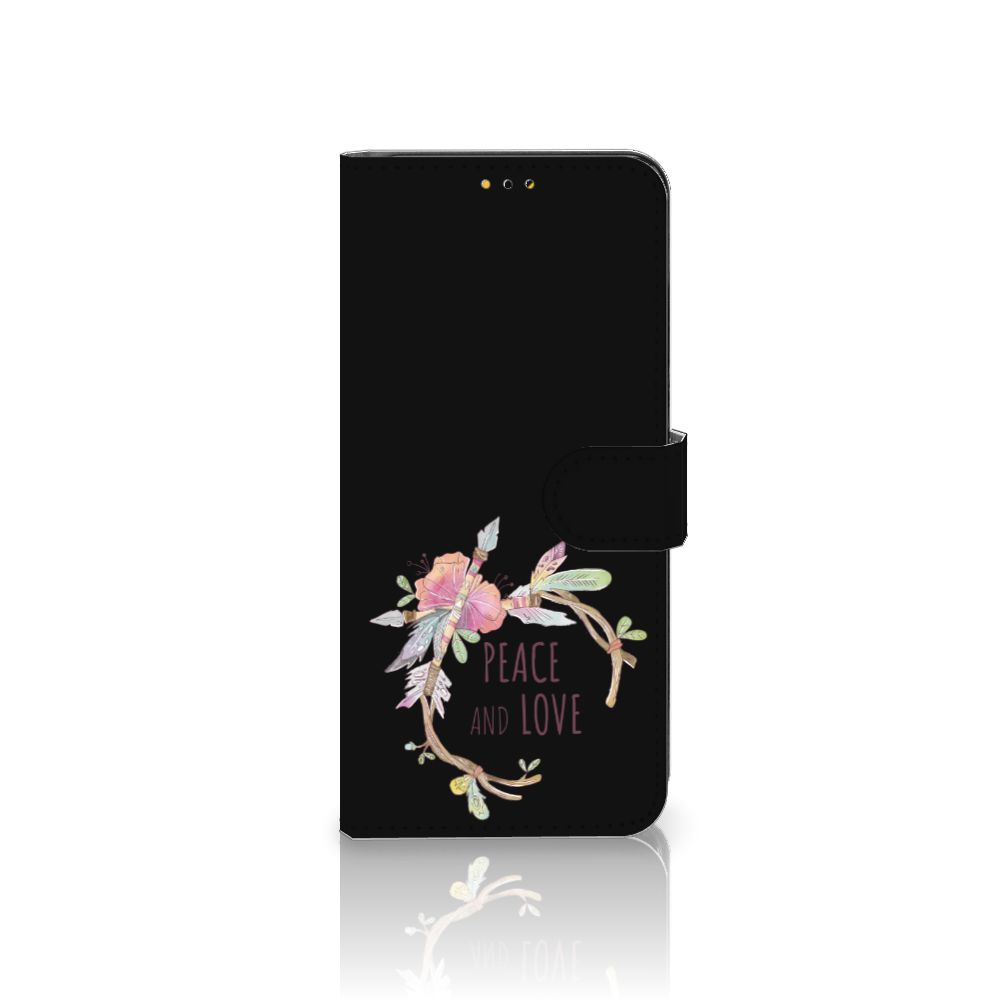Samsung Galaxy A14 5G Leuk Hoesje Boho Text met 'Peace and Love' ontwerp op zwarte achtergrond.