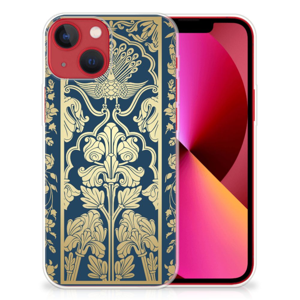 Apple iPhone 13 TPU Case Beige Flowers met een elegant design op een smartphone, met een chique beige en donkerblauwe achtergrond.