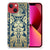 Apple iPhone 13 TPU Case Beige Flowers met een elegant design op een smartphone, met een chique beige en donkerblauwe achtergrond.