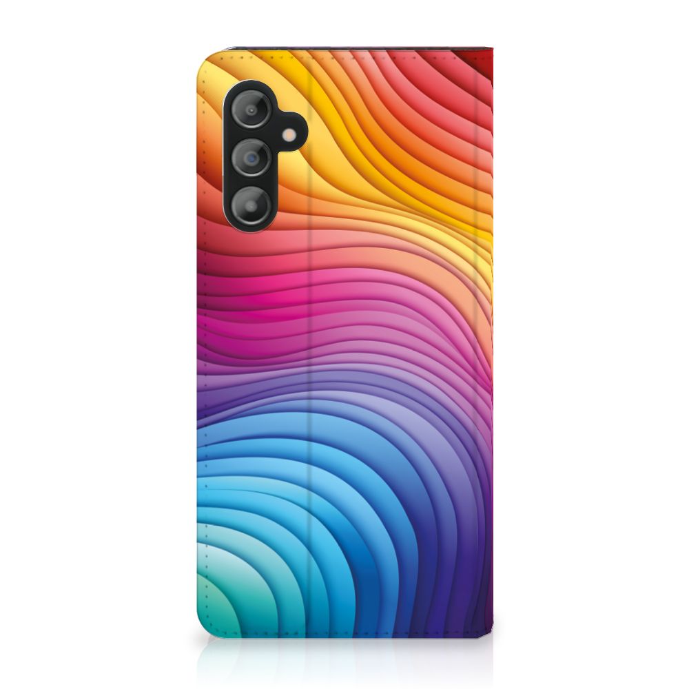 Stand Case voor Samsung Galaxy A14 5G Regenboog met kleurrijke golfpatroon design