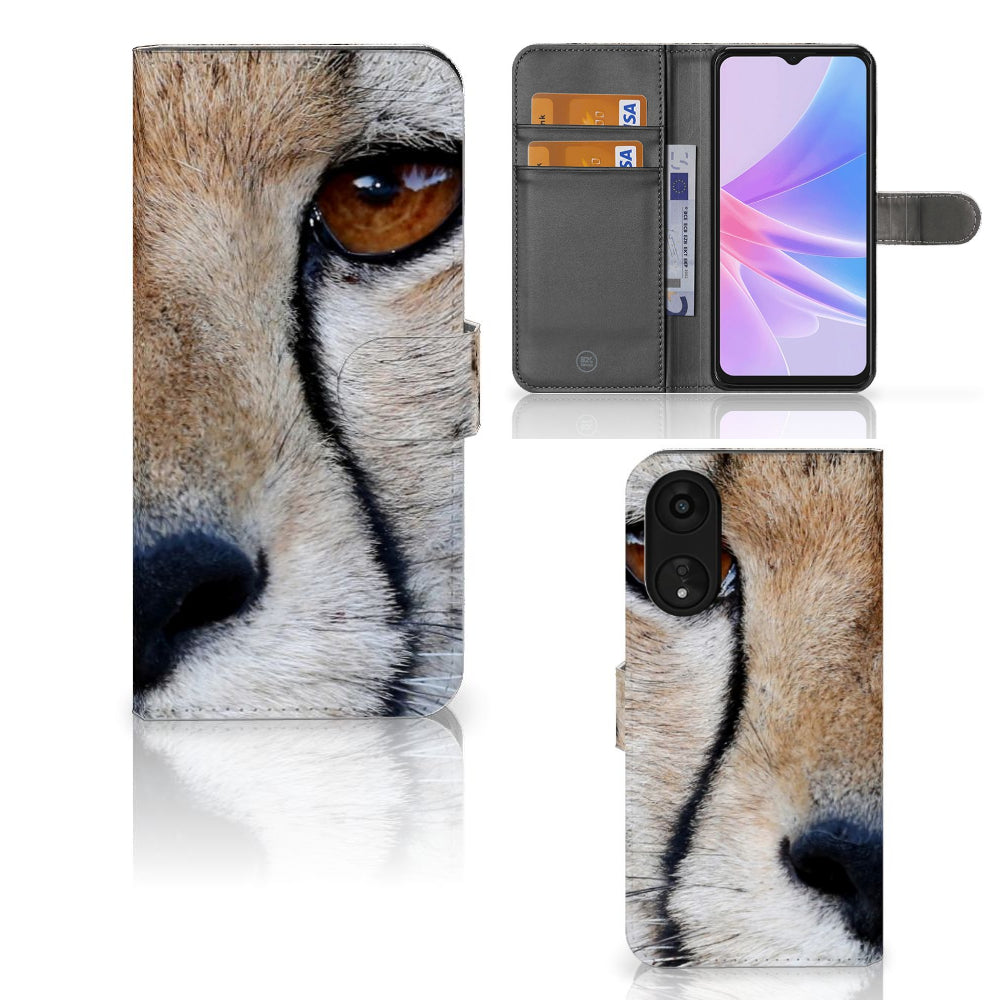 OPPO A78 5G | A58 5G Telefoonhoesje met Pasjes Cheetah, close-up van cheeta met pasjes ruimte.