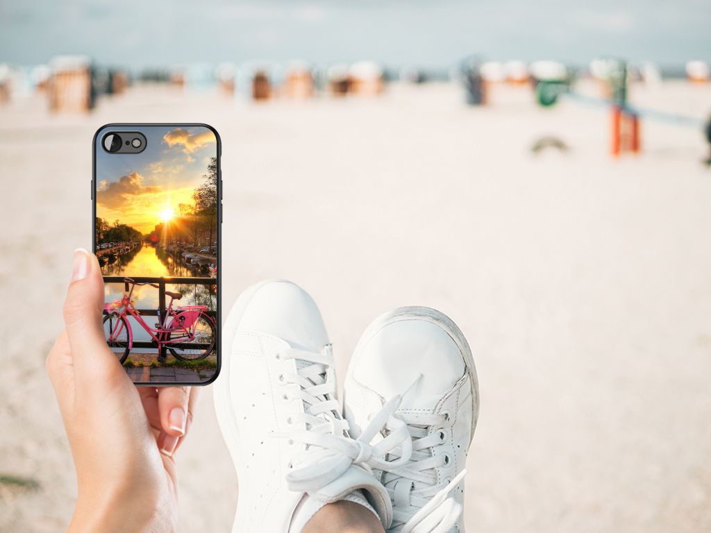 iPhone SE 2022 | SE 2020 | 7/8 TPU Backcover Amsterdamse Grachten met uitzicht op zonsondergang en fiets.