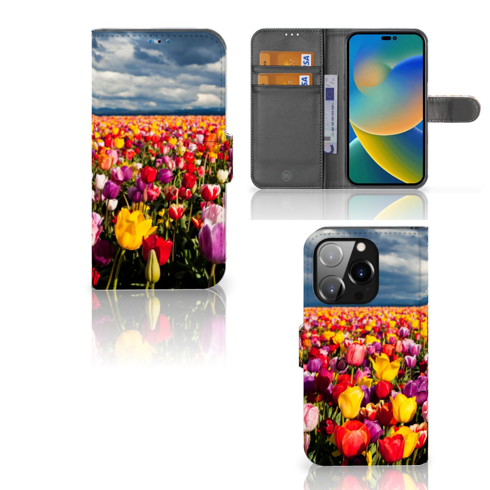 iPhone 14 Pro Hoesje Tulpen met kleurrijk tulpenveld en pasjes vakje 🌷