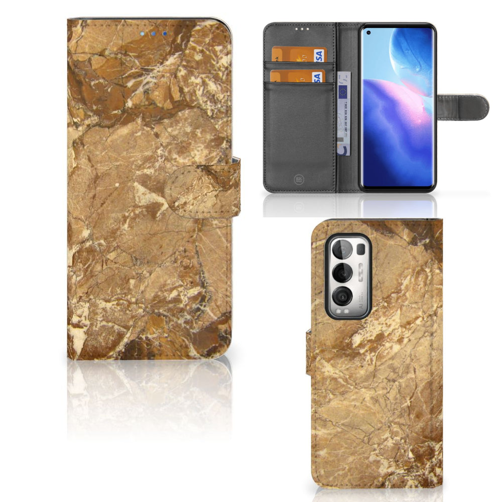 OPPO Find X3 Neo 5G Bookcase Marmer Creme met luxe marmer design en handige pasjeshouders.