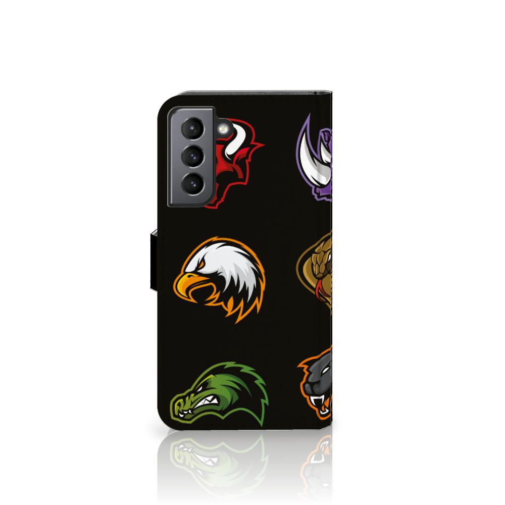 Samsung Galaxy S21 FE Leuk Hoesje Cartoon met kleurrijke cartoon dieren en schilden op een zwarte achtergrond.