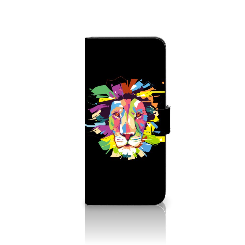 Samsung Galaxy A14 4G Leuk Hoesje Lion Color met kleurrijk lion design op een zwart achtergrond.