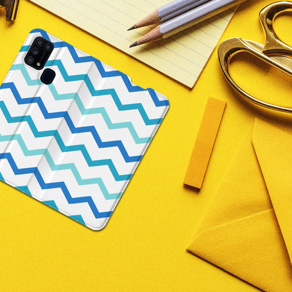 Samsung Galaxy M31 Hoesje met Magneet Zigzag Blauw - B2C Telecom