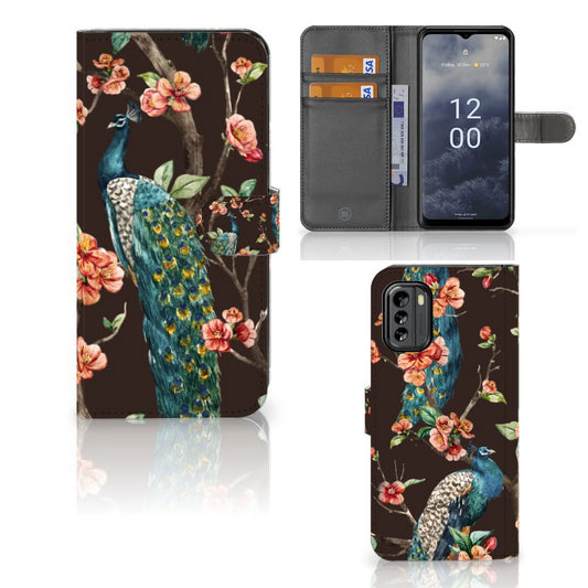 Nokia G60 Telefoonhoesje met Pasjes Pauw met Bloemen