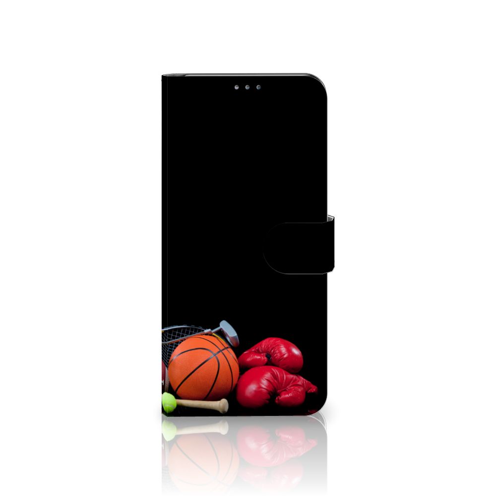 Motorola Moto G 5G Plus Wallet Case met Pasjes Sports met sportuitrusting waaronder een basketbal en bokshandschoenen.