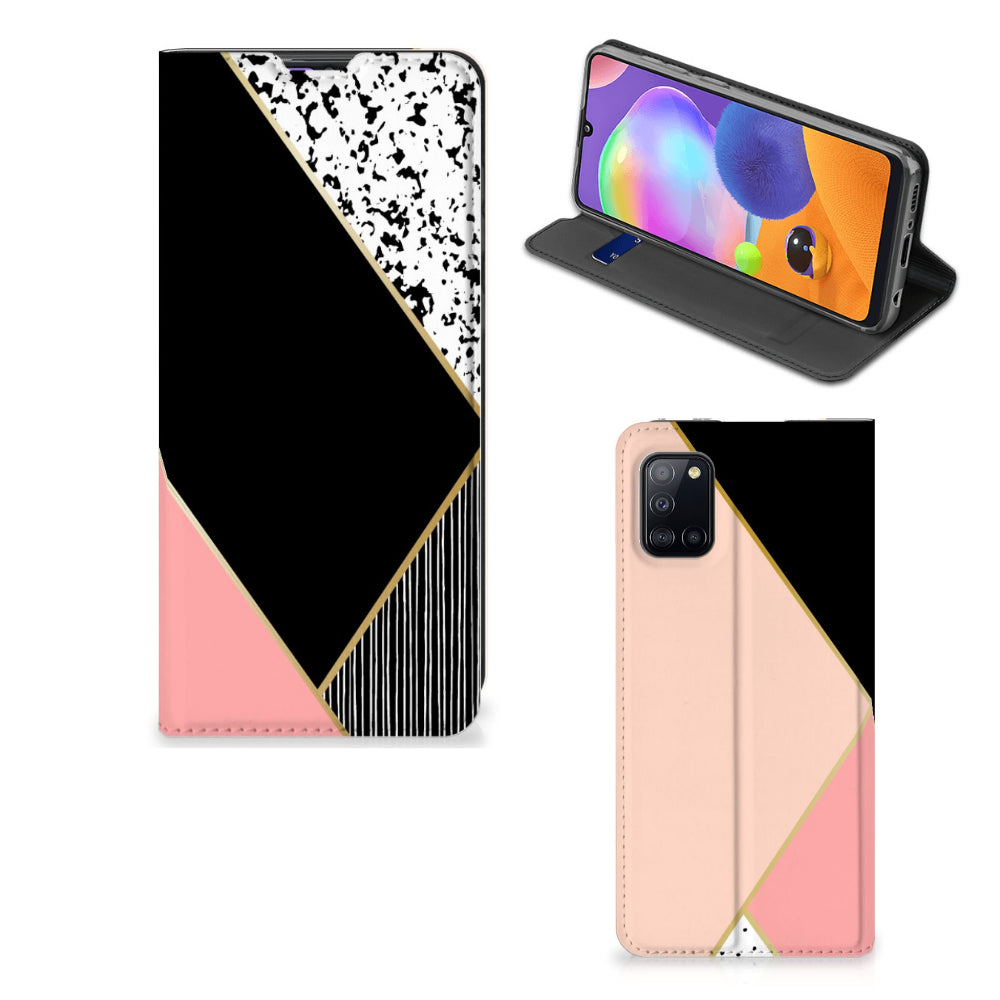 Samsung Galaxy A31 Stand Case Zwart Roze Vormen