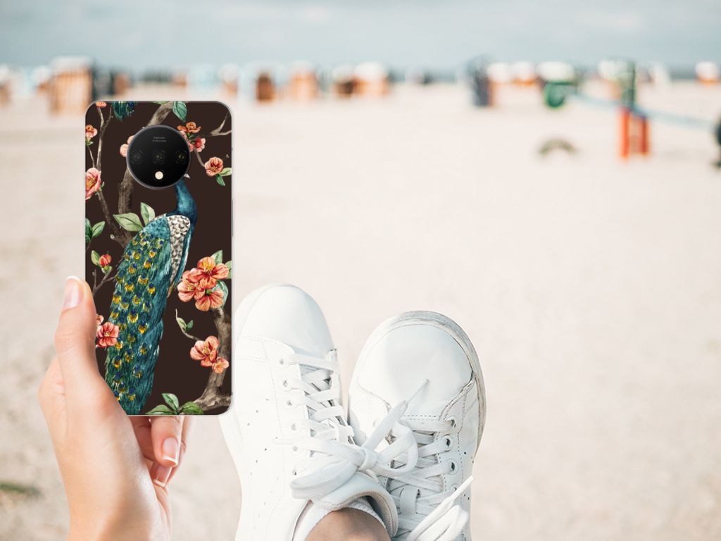 OnePlus 7T TPU Hoesje Pauw met Bloemen