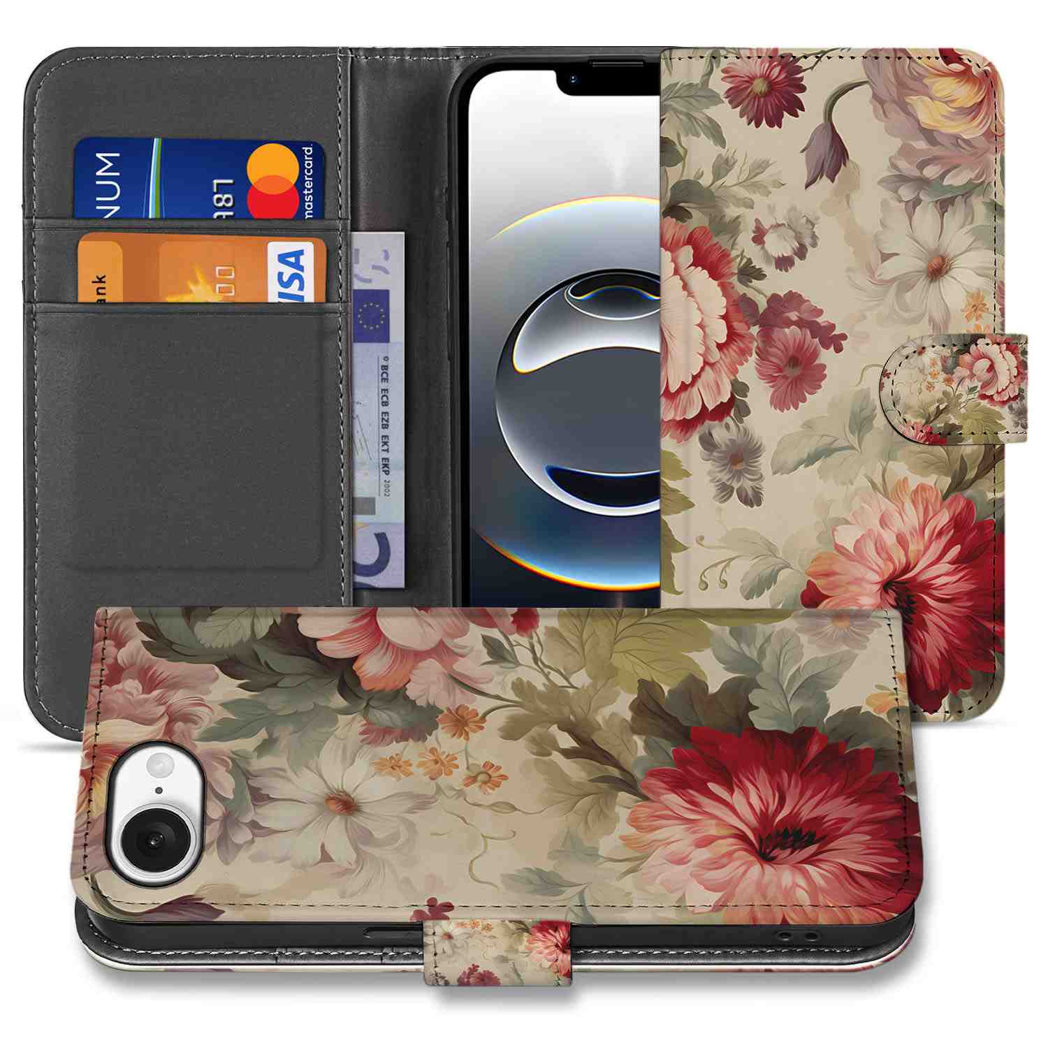 Hoesje voor iPhone 16e Bloemen met bloemenprint en ruimte voor pasjes, perfect voor stijlvolle vrouwen.