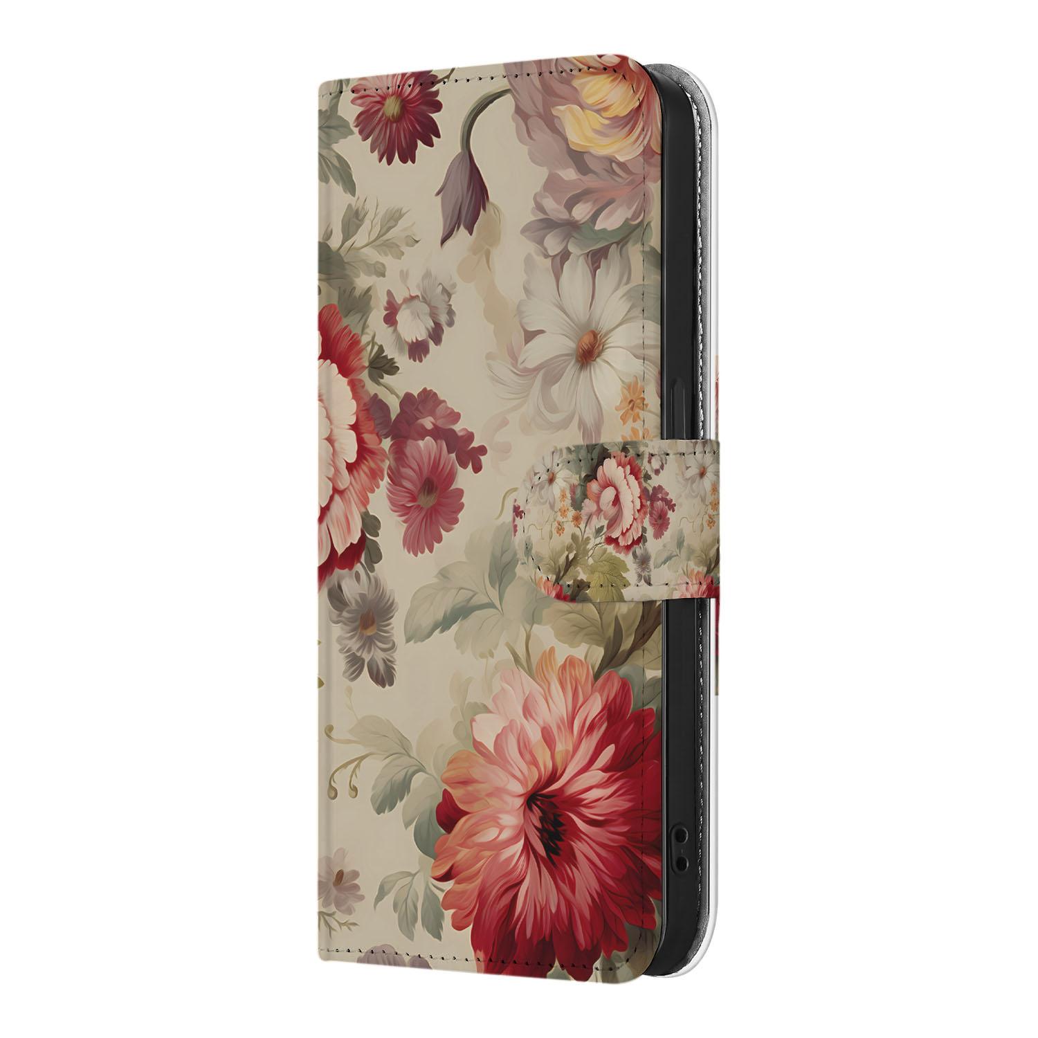Hoesje voor iPhone 16e Bloemen met kleurrijke bloemenprint en ruimte voor drie pasjes.