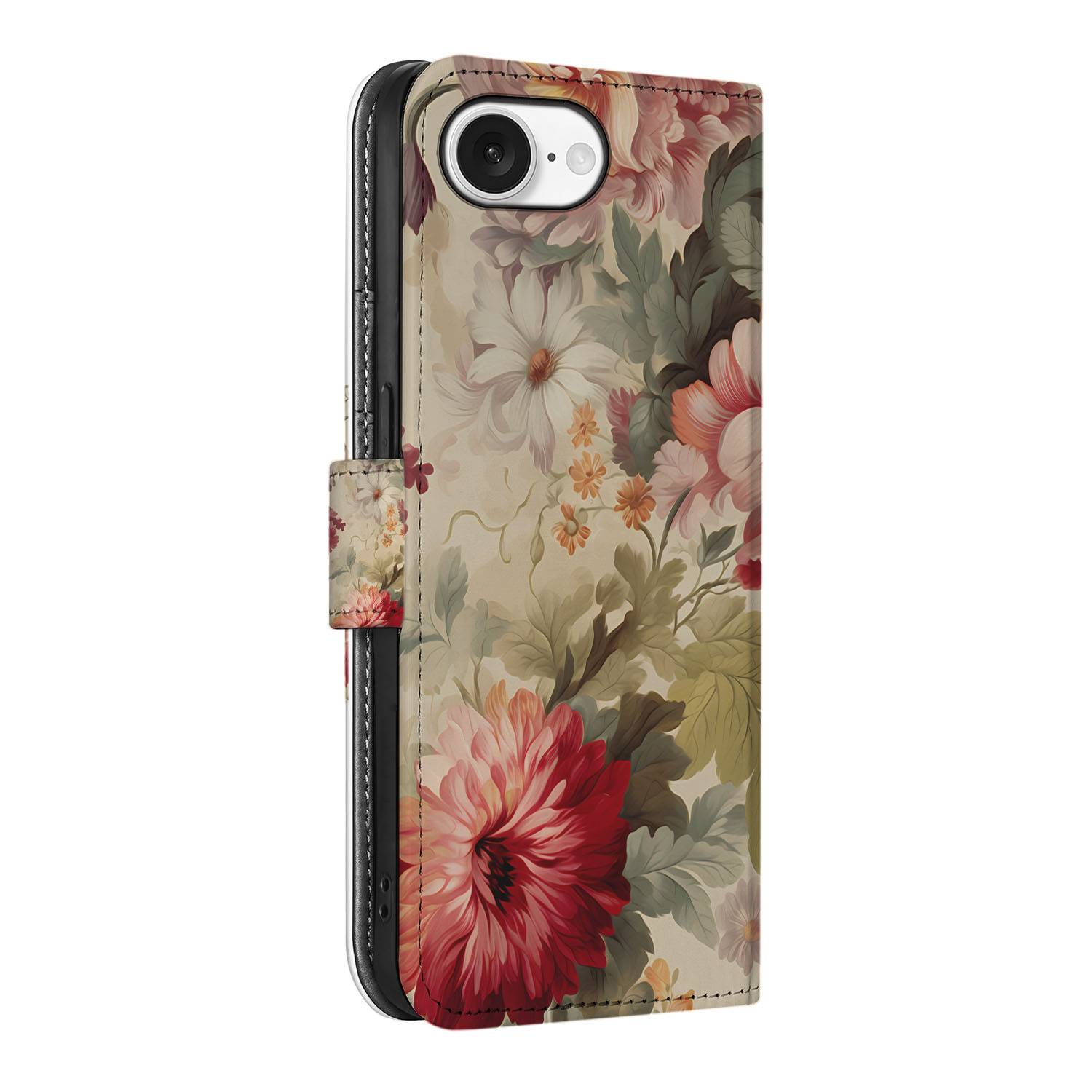 Hoesje voor iPhone 16e Bloemen met kleurrijke bloempatronen en ruimte voor drie pasjes.
