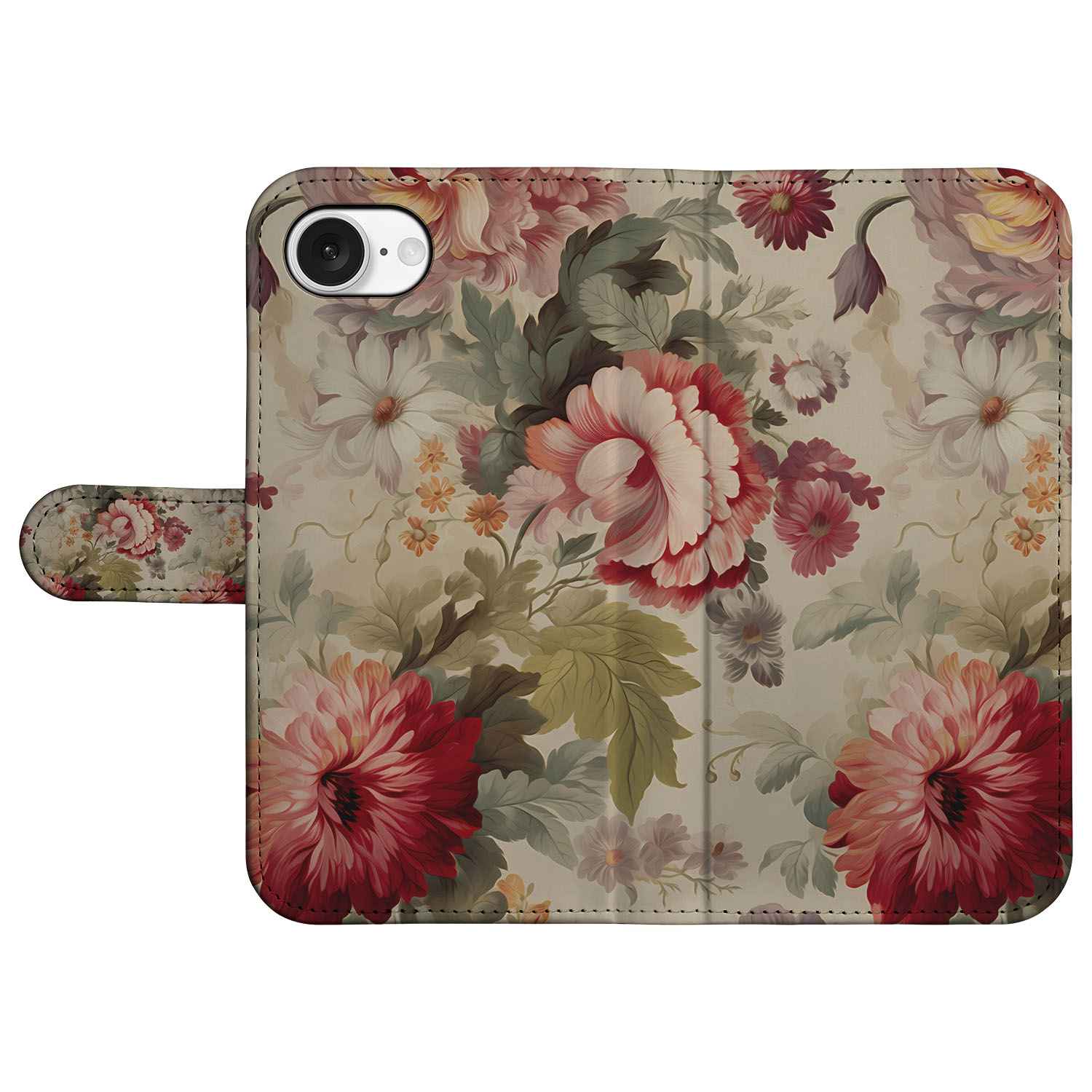 Hoesje voor iPhone 16e Bloemen met prachtige bloemenprint en ruimte voor drie pasjes.