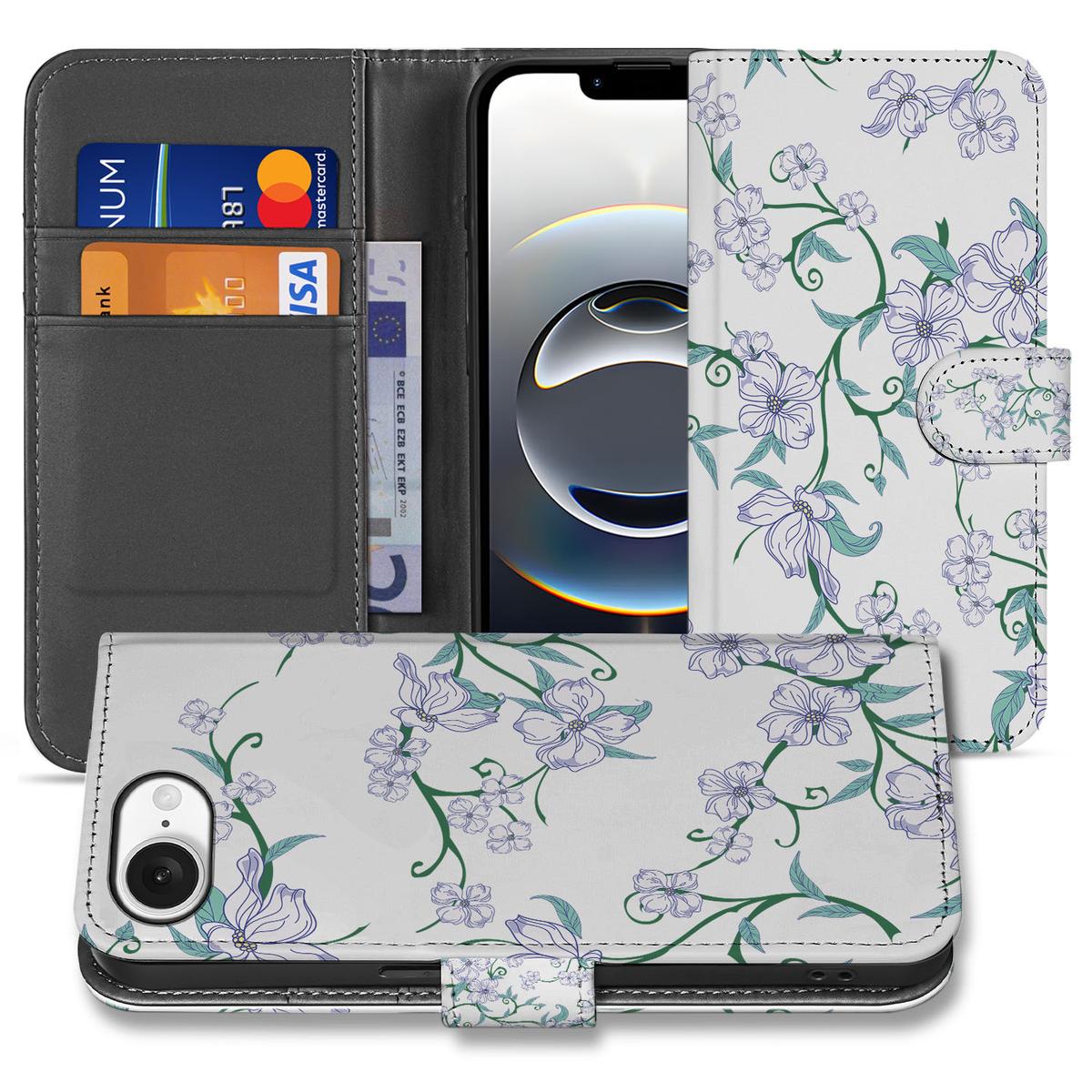 iPhone 16e Uniek Hoesje Blossom White met witte bloemen design en ruimte voor creditcards.