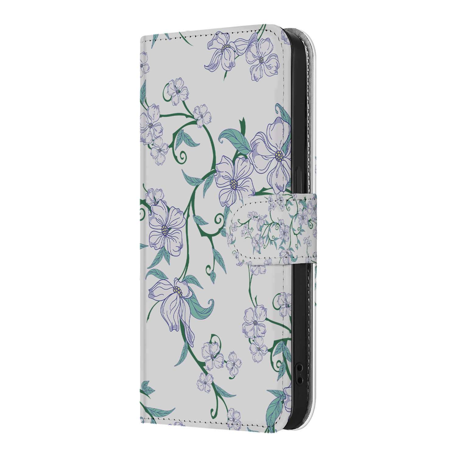 iPhone 16e Uniek Hoesje Blossom White met een elegant bloemenpatroon in pastelkleuren.