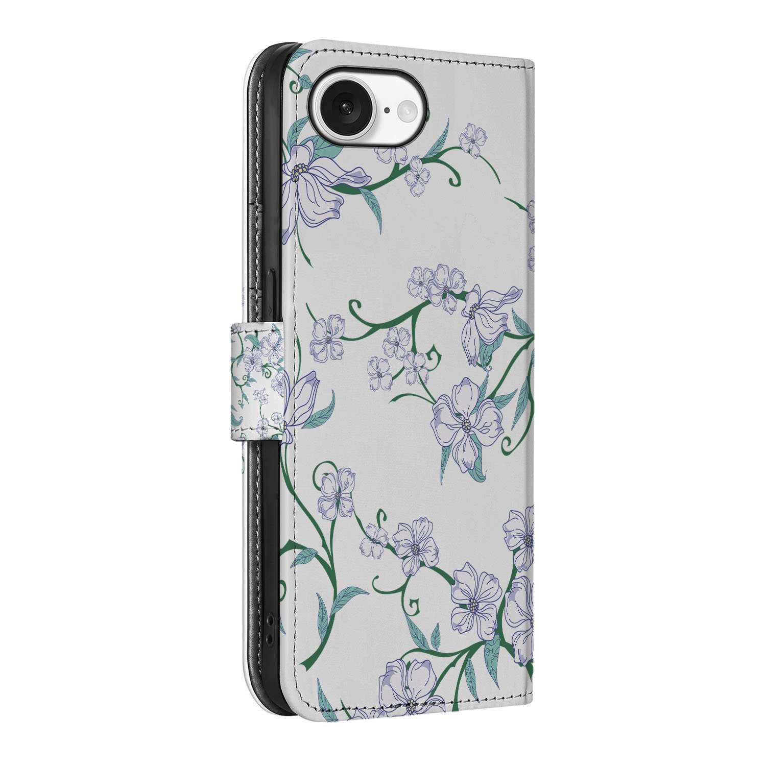 iPhone 16e Uniek Hoesje Blossom White met elegante bloemen op een witte achtergrond.