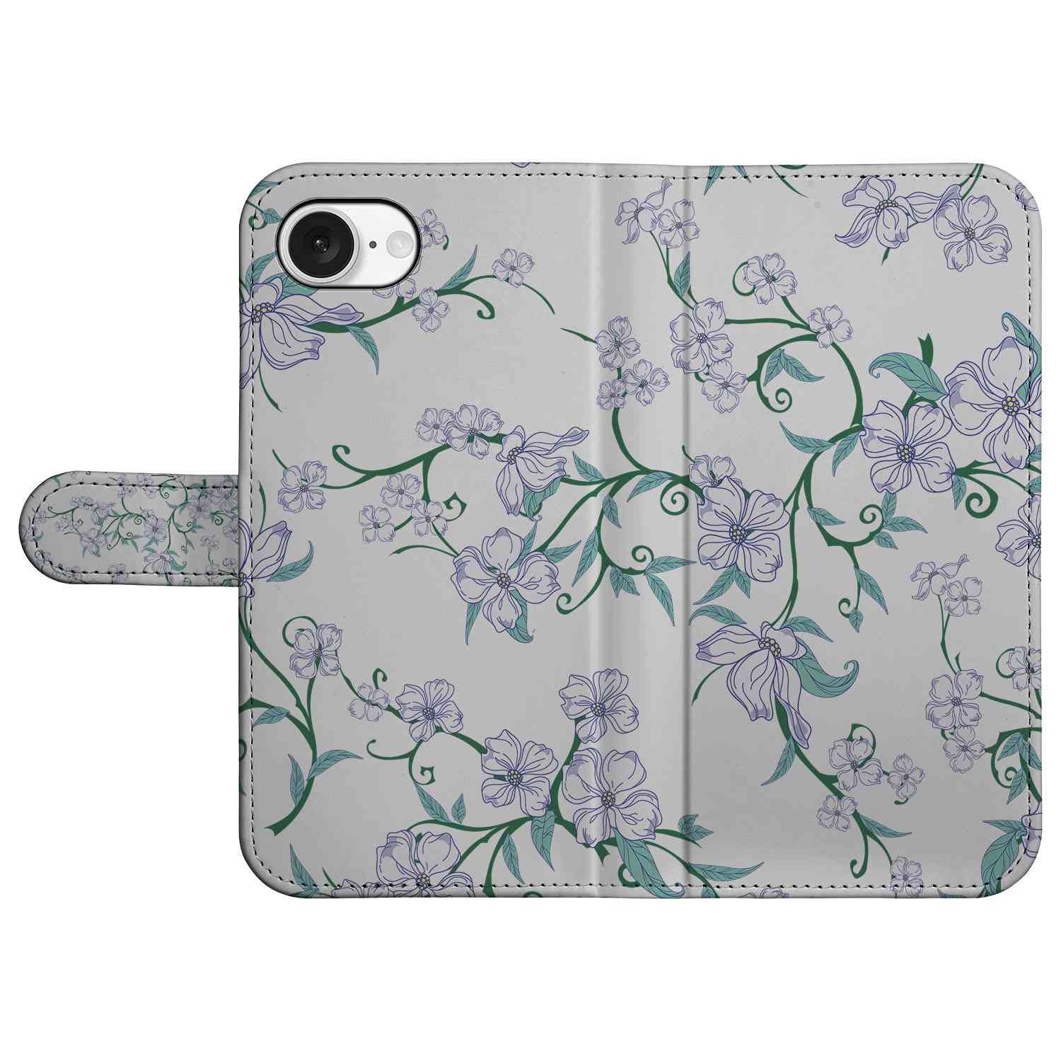 iPhone 16e Uniek Hoesje Blossom White met elegante bloemenprint op een lichte achtergrond.
