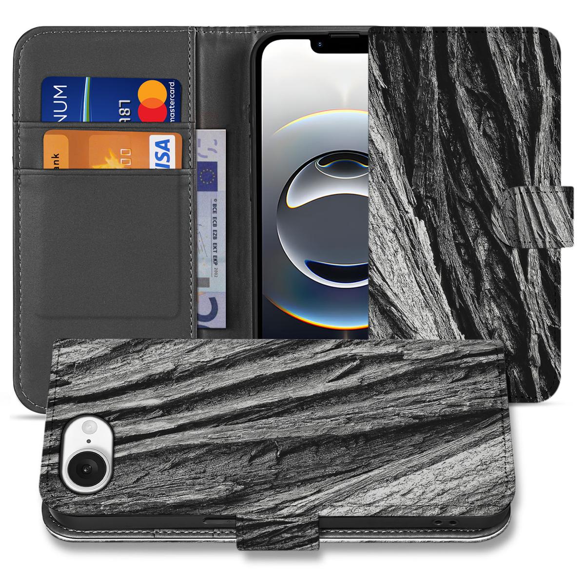 Book Style Case iPhone 16e Boomschors Grijs met stijlvolle boomschors print en vakken voor kaarten