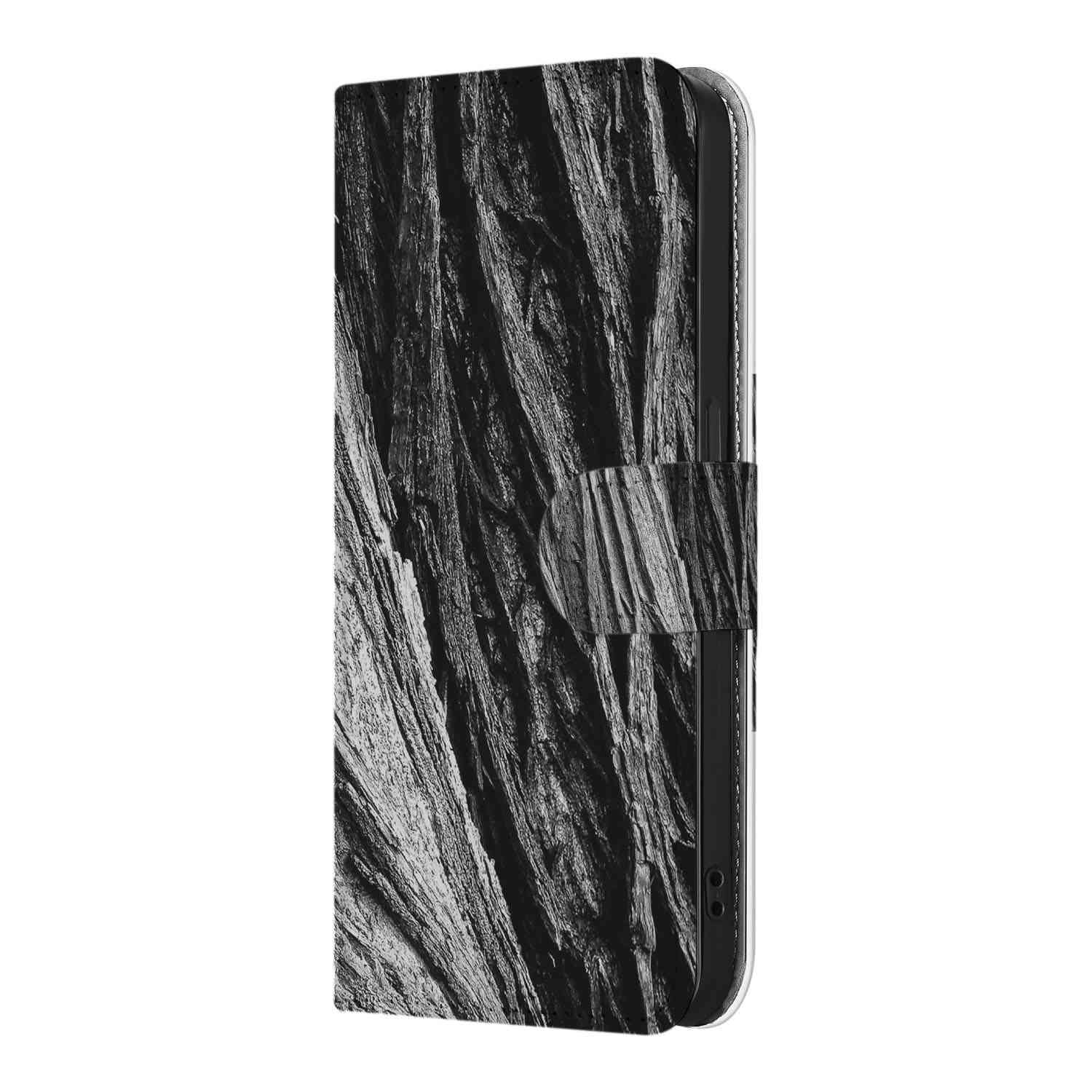 Book Style Case iPhone 16e Boomschors Grijs met stijlvolle boomschors print.