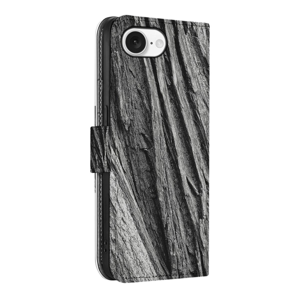 Book Style Case iPhone 16e Boomschors Grijs met unieke boomschors print voor stijlvolle bescherming.
