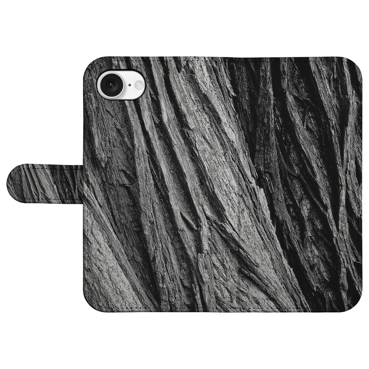 Book Style Case iPhone 16e Boomschors Grijs met een textuur van boomschors in zwart-wit.
