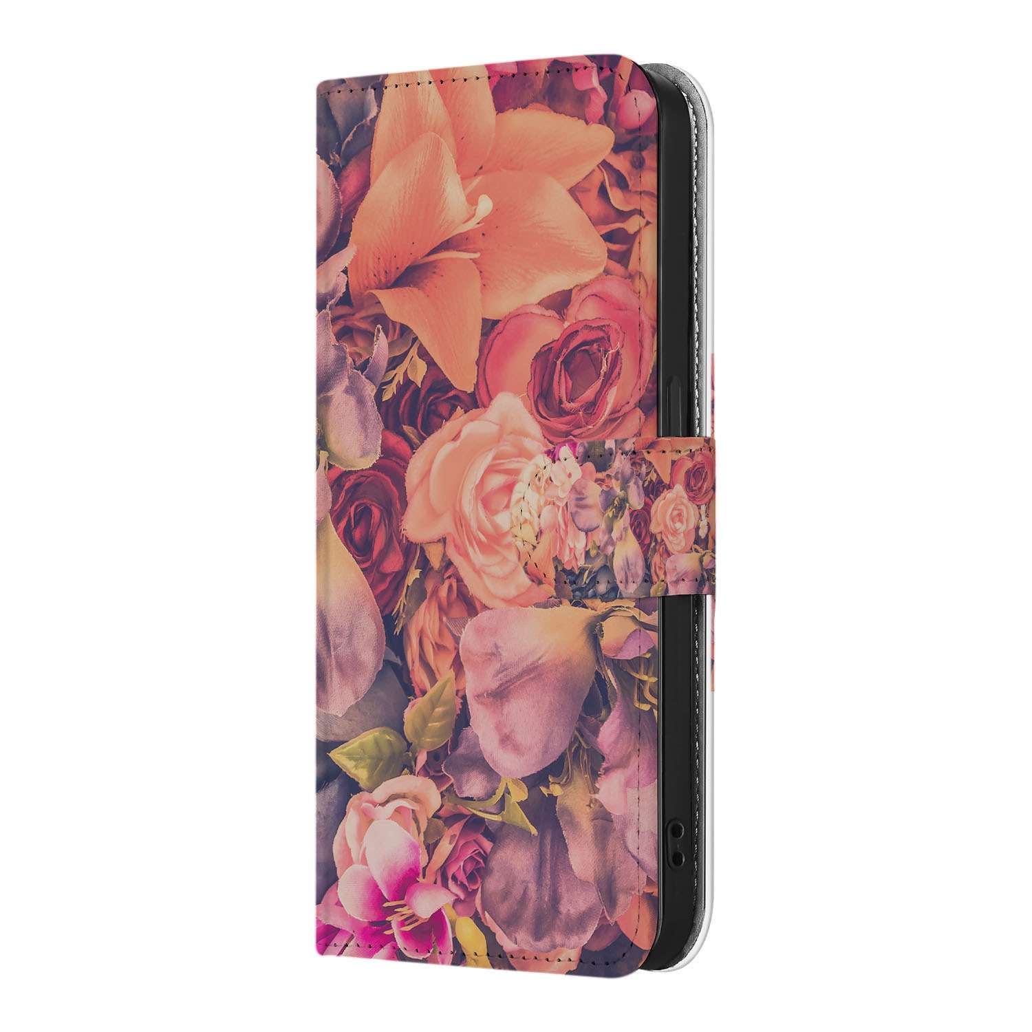 iPhone 16e Hoesje Bosje Bloemen met kleurrijke bloemenprint in roze, oranje en paarse tinten.