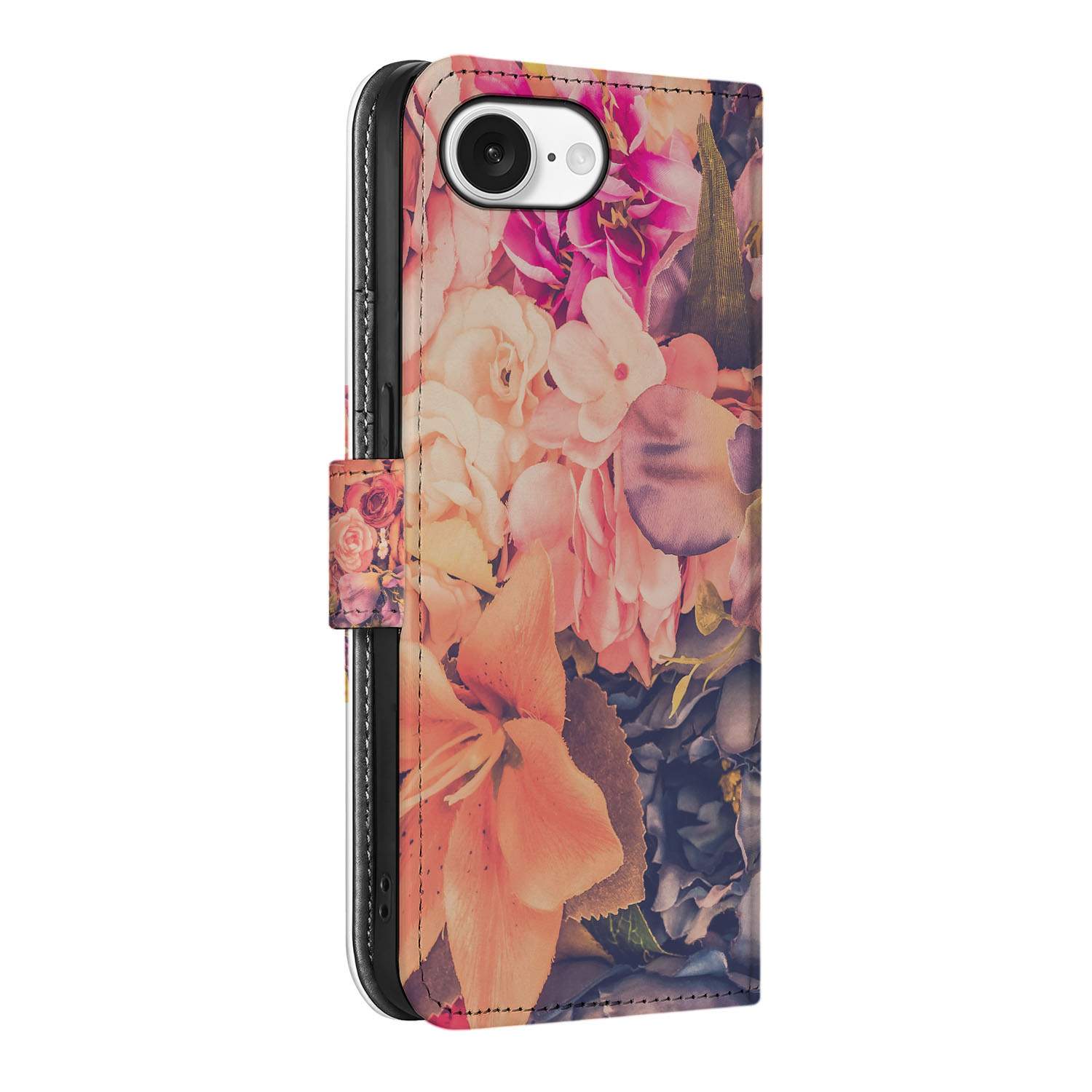 iPhone 16e Hoesje Bosje Bloemen met kleurrijke bloemenprint in roze, oranje en paars.