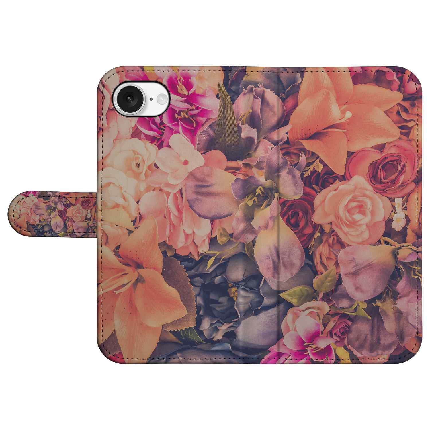 iPhone 16e Hoesje Bosje Bloemen met kleurrijke bloemenprint in roze, oranje en paars op een boekhoesje.