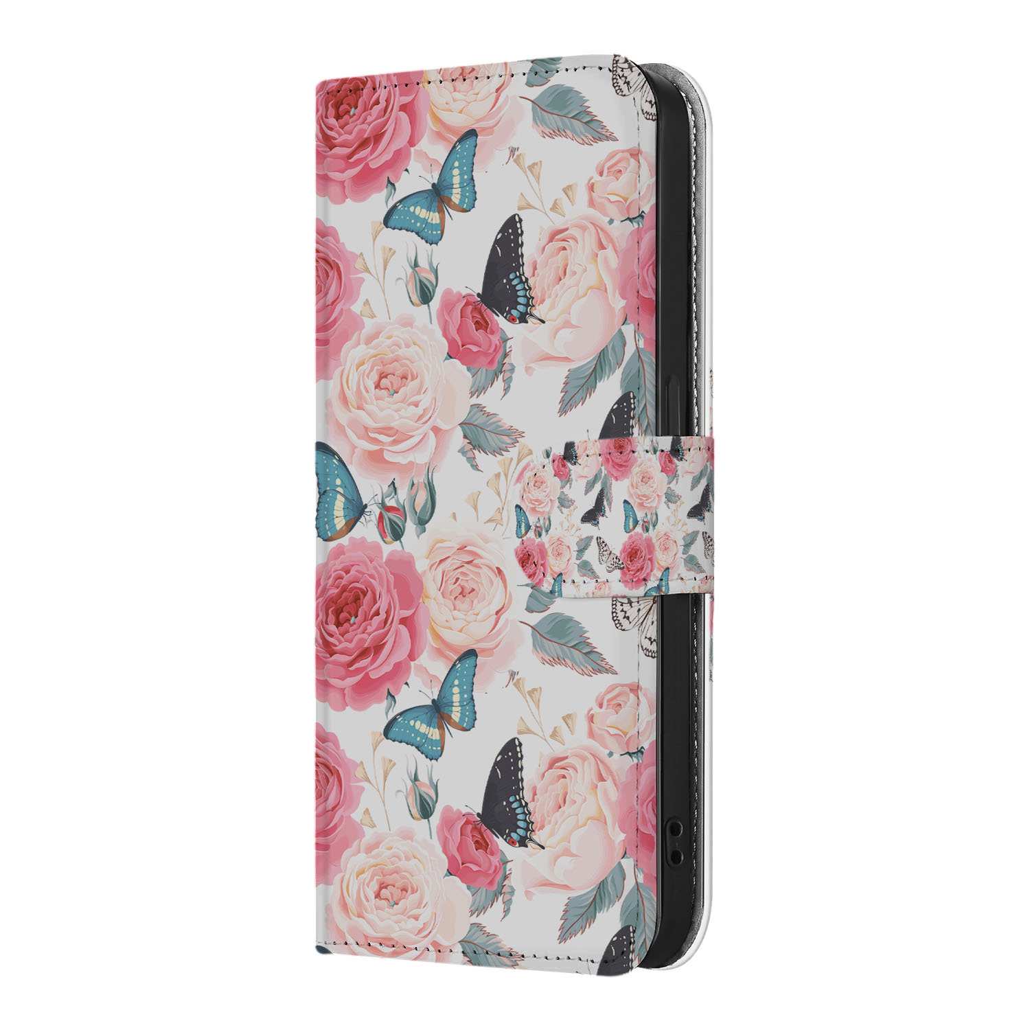 iPhone 16e Hoesje Butterfly Roses met roze rozen en vlinders, perfect voor romantische films en boeken.
